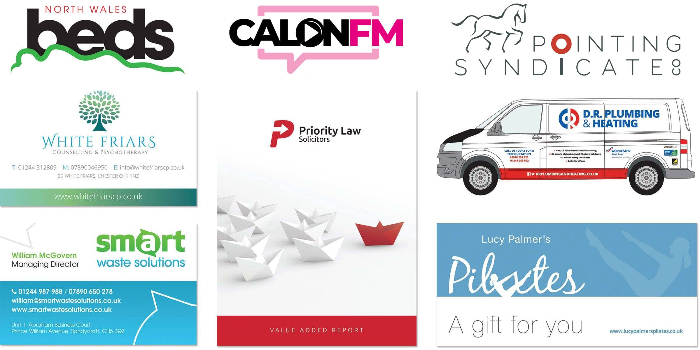 Examples of logo design, business cards, brochures, vehicle livery and gift vouchers designed for businesses in Wrexham & Chester