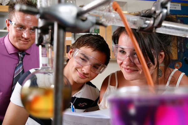 School students in science class in Wrexham school